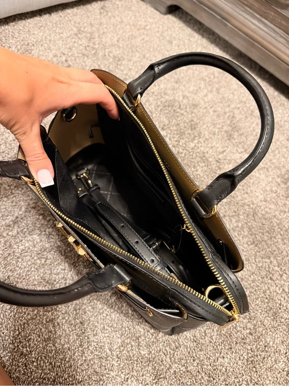 Michael Kors Black Leather Satchel with Gold MK Accent